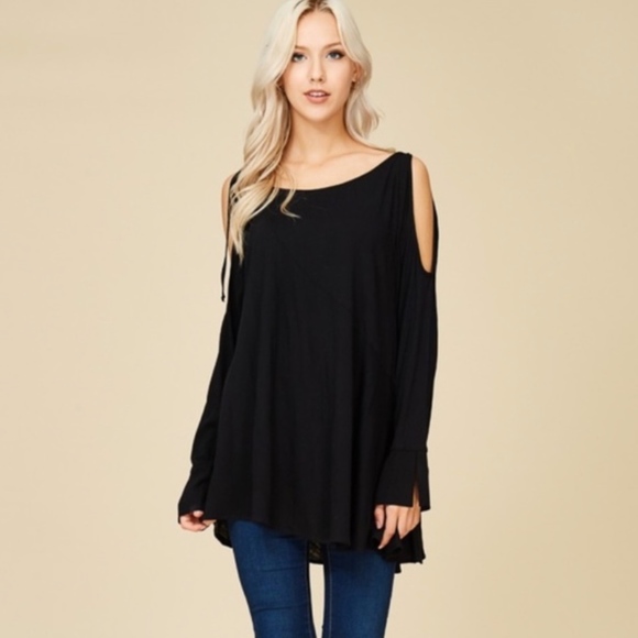 Crescent Tops - Black Cold Shoulder Trapez Top